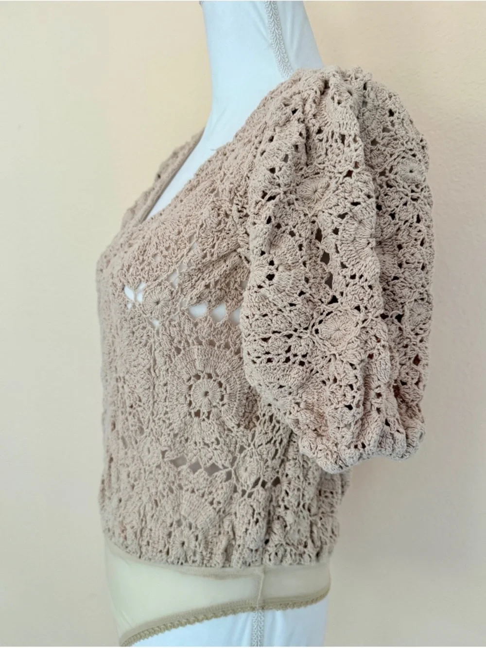 FREE PEOPLE Crochet V-Neck Bodysuit in Soft Blush Beige Boho Top Festival Blouse